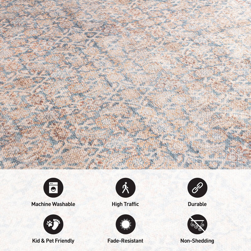 World Rug Gallery Elise Blue Distressed Medallion Indoor Rug &ndash; Flat Pile, Washable with Non-Slip Backing image number 4