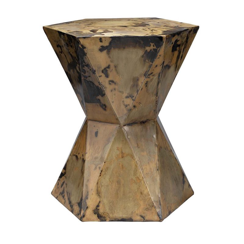 19 Inch Modern Side End Table, Hourglass Shape, Iron Patina Finish, Gold-Benzara