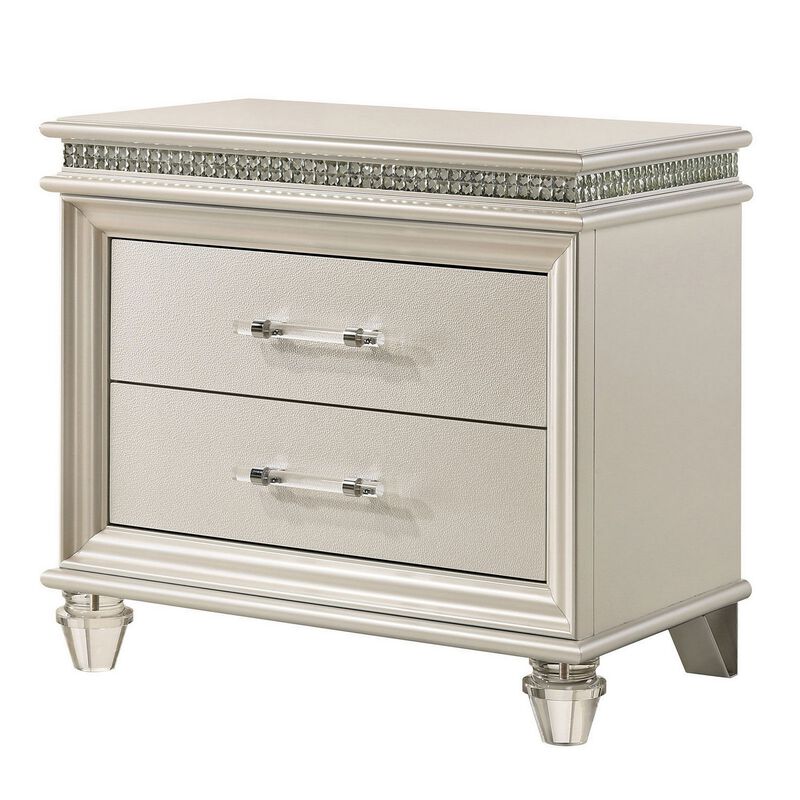 3pc King Bedroom Set, Pearl White, White, Clear, Silver Wood, 2 Nightstands image number 5
