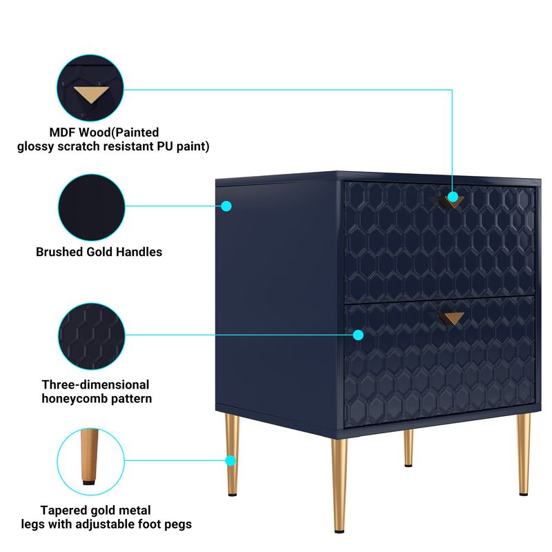 Blue Wood Nightstand Accent Storage Cabinet with 2-Drawer Chest