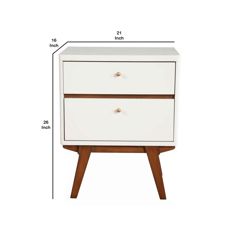 2 Drawer Wooden Nightstand with Angled Legs, White and Brown - Benzara
