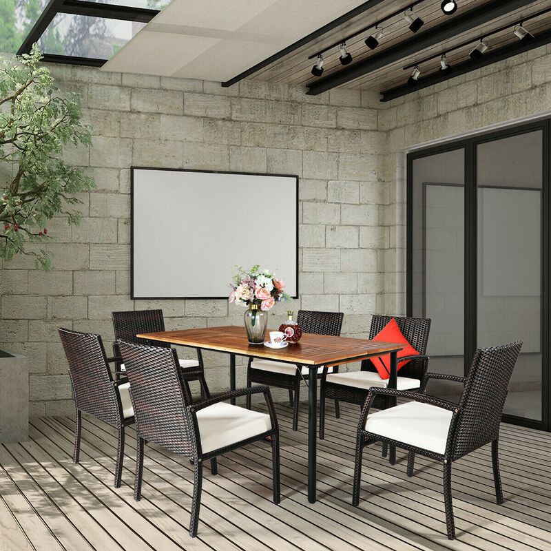 7Pcs Patio Rattan Cushioned Dining Set with Umbrella Hole image number 2