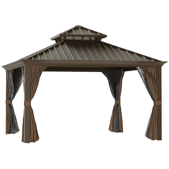 Patio Gazebo 12' x 12', Netting & Curtains, 2 Tier Vented Steel Roof, Hardtop, Rust Proof Aluminum Frame for Gardens, Lawns, Coffee