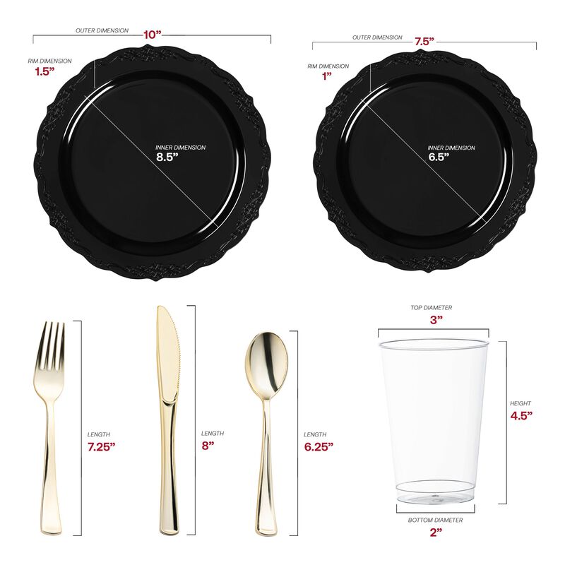 Black Vintage Rim Round Disposable Plastic Wedding Value Set (60 Sets) image number 2