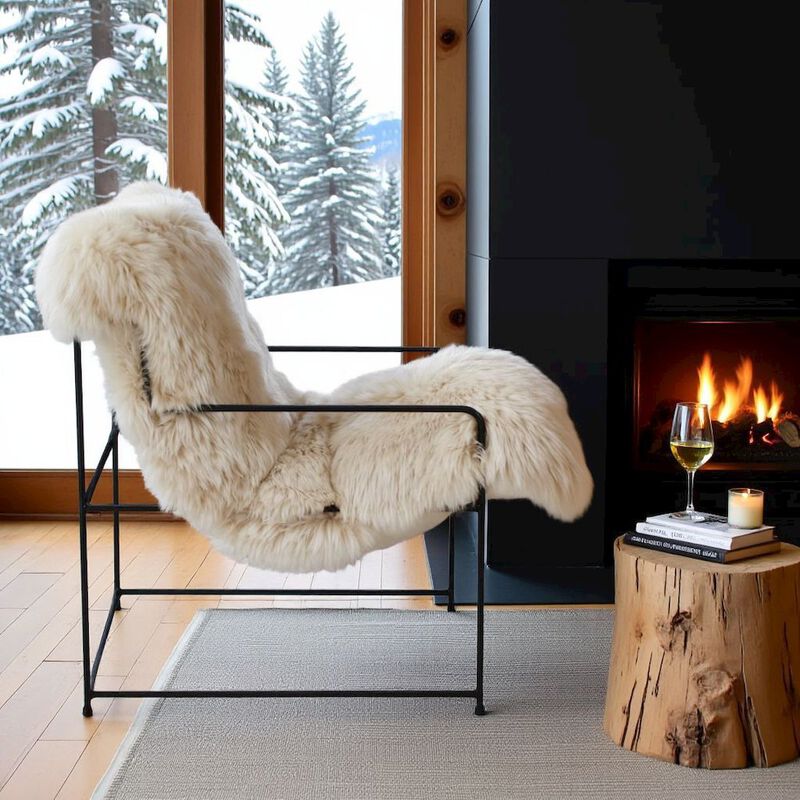 Starlight Canyon Home Beige Sheepskin Arm Chair With Black Iron Frame For Living Room Comfort