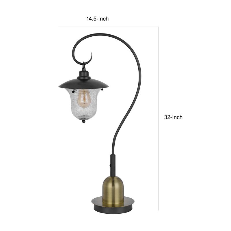 Lem 32 Inch Table Lamp, Classic Lantern, Glass Shade, Bronze Metal Finish - Benzara