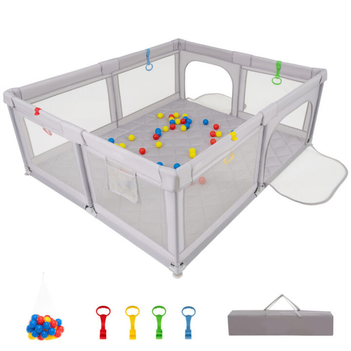 Large Infant Playpen, Activity Yard with Pull Rings & Ball Pit Balls-Gray