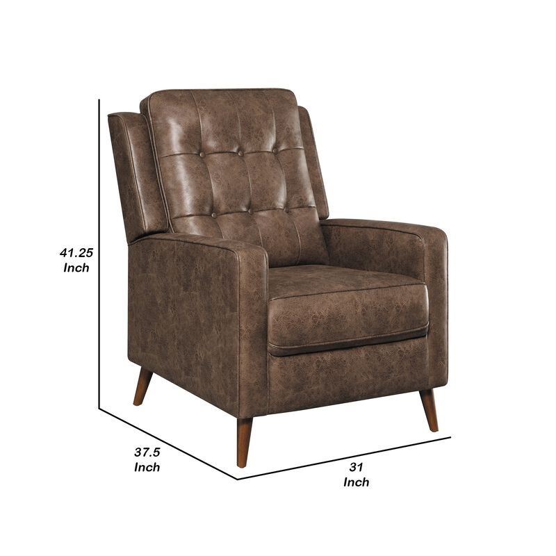 31 Inch Push Back Recliner, Tufted, Tapered Legs, Rich Brown Faux Leather-Benzara