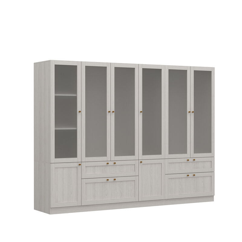 FUFU&GAGA Modern White Wardrobe with Frosted Glass Doors, Gold Accents, 4 Drawers, and Hanging Rail &ndash; Customizable L-Shape/U-Shape Closet System, (94.5" L x 19.9" W x 70.9" H),White