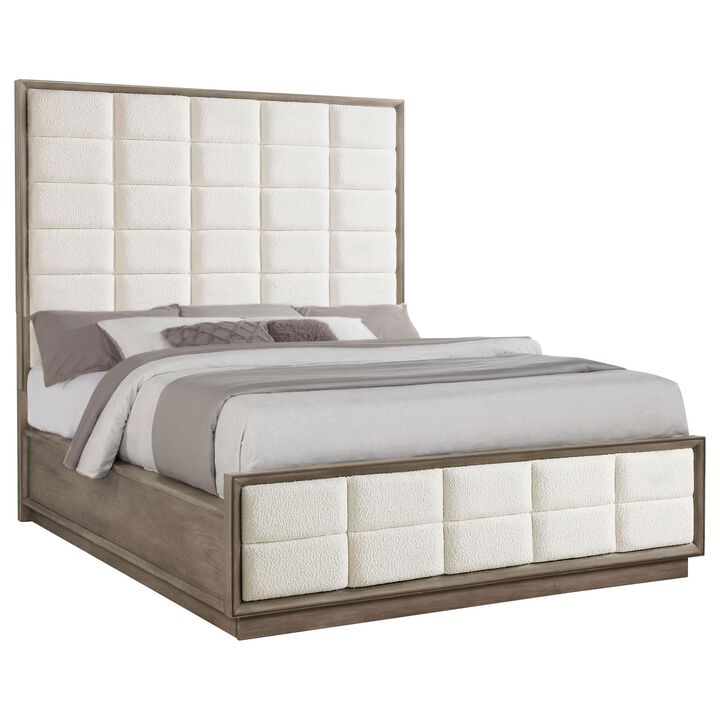 Lyni California King Bed, Grid Tufted Ivory Upholstery, Oak Brown - Benzara
