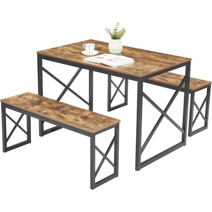 Hivvago Modern Industrial Wood-Top Kitchen Dining Table Set with 2 Backless Benches