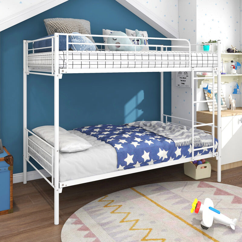 Twin-Over-Twin Bunk Bed with Metal Frame and Ladder, Space-Saving Design, White