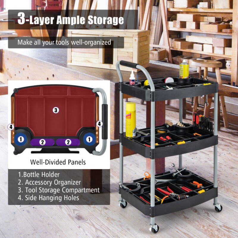 3-Tier Rolling Utility Cart with Lockable Wheels for Garage and Salon image number 7