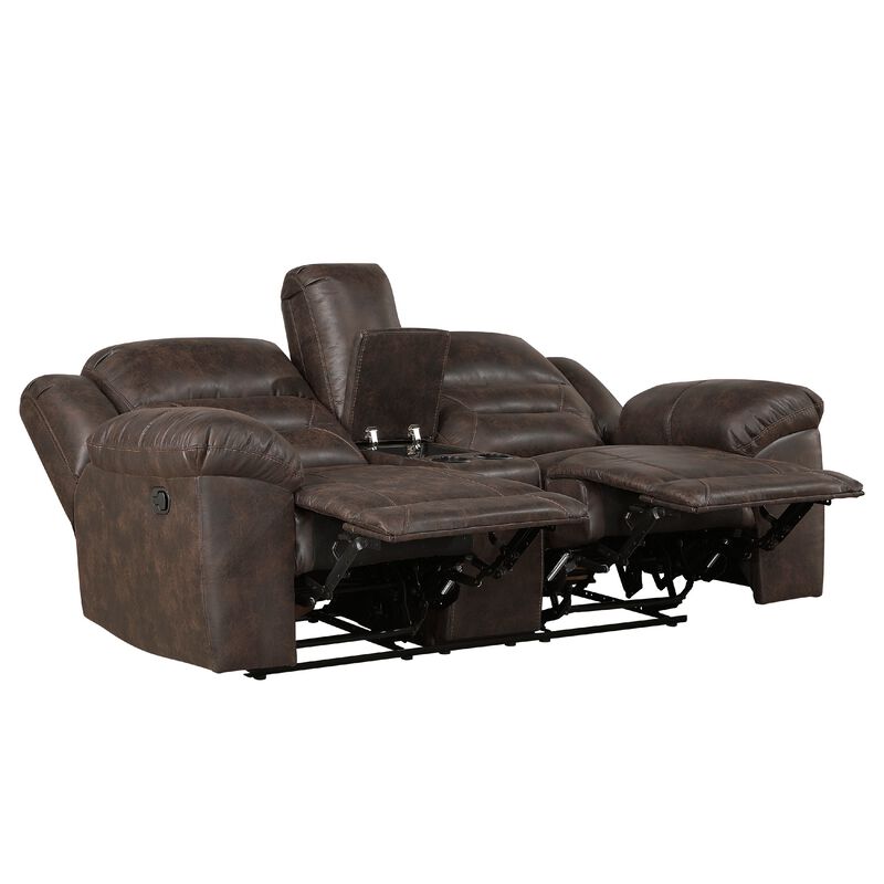 Henry Manual Double Reclining Loveseat, Console, Dark Brown Microfiber - Benzara