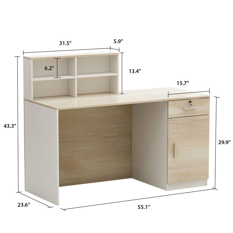 Rectangular White Wooden Computer Desk, Writing Desk with Drawer, 4 Shelves and A Container, 55.1 in.W-23.6 in.D