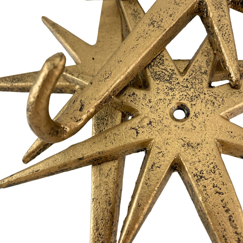 Antique Gold Cast Iron Atomic Starburst Wall Hooks Set of 3 &ndash; Mid-Century Modern Decor for Stylish Organization and Chic Storage image number 2