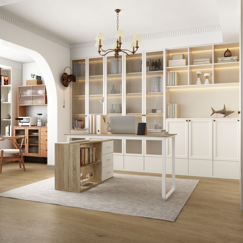 55.1&rdquo; L-Shaped Desk with Drawers and Shelves, Office Desk Corner Desk with Storage, Computer Desk Craft Desk for Home Office Bedroom