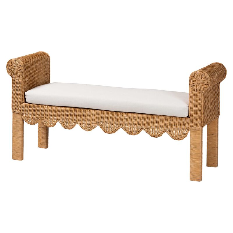 bali & pari Reiko Handwoven Natural Rattan Bench with Scalloped Detailing &ndash; Boho Farmhouse Entryway, Bedroom, or Living Room Accent Seating