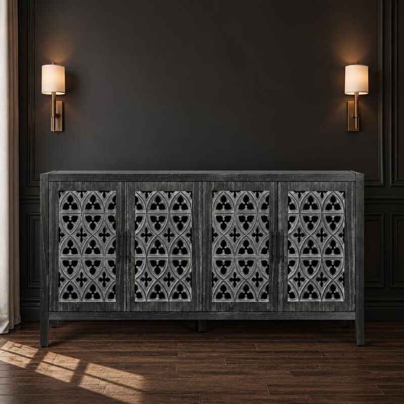 GOODSILO Four Door Hollow Antique Storage Cabinet, Versatile Wooden Storage Furniture for Living Room, Entryway, Kitchen and Dining Space image number 2