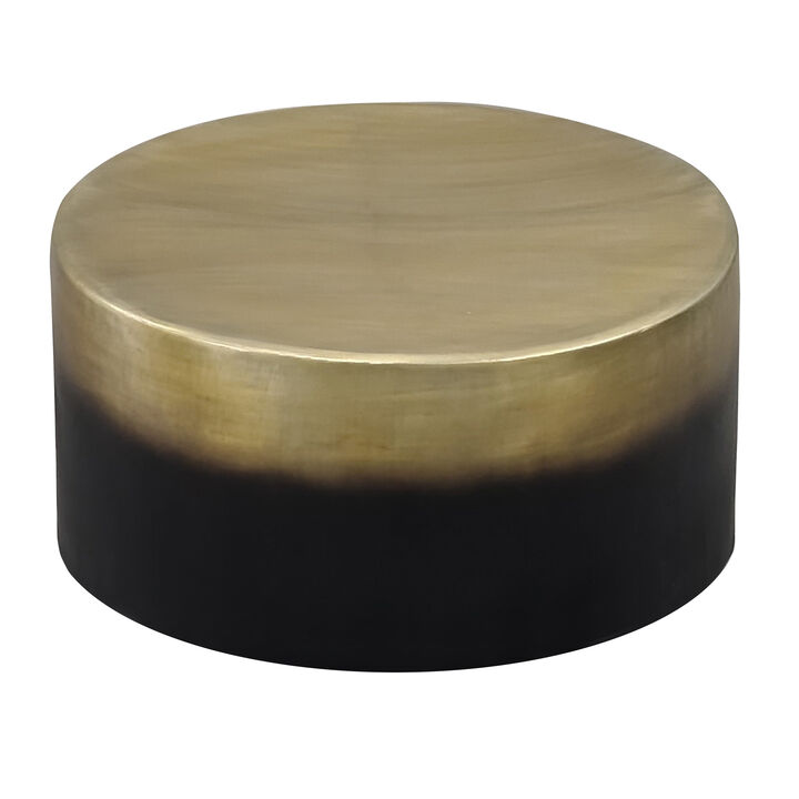 Dyan Coffee Table, 34.5 Inch Round Drum Shape, Black, Gold Antique Brass Ombre