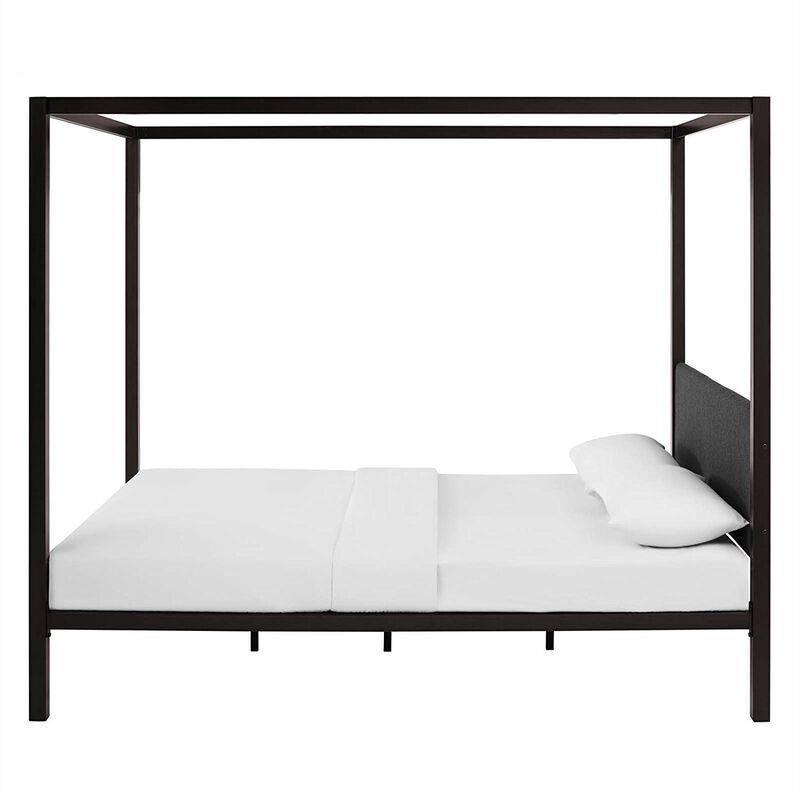 Hivvago Queen size Brown Metal Canopy Bed Frame with Grey Upholstered Headboard