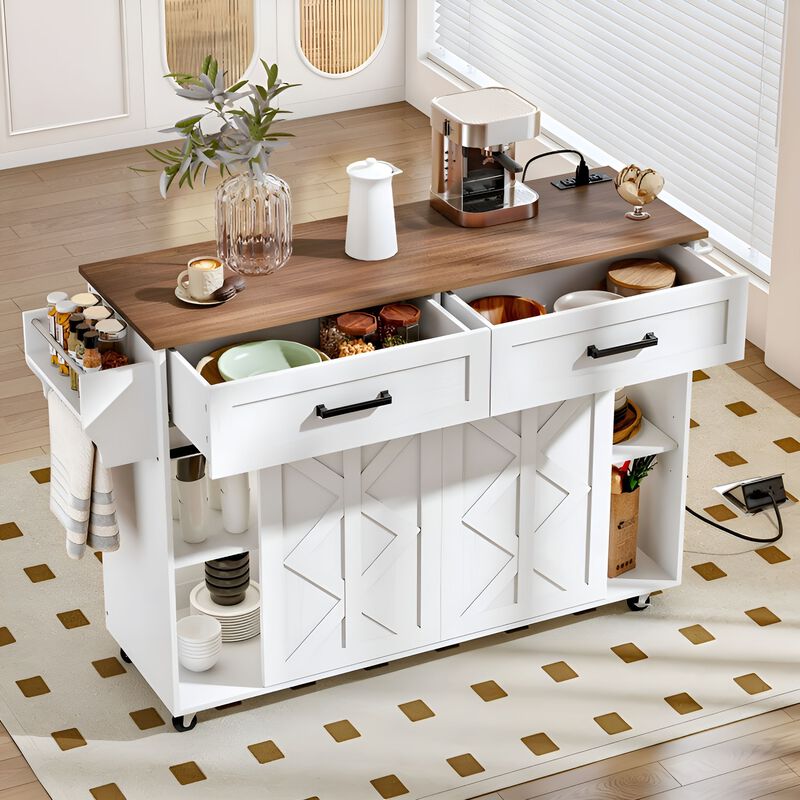 White Kitchen Island with Barn Doors, Movable Cart and Power Outlet image number 4