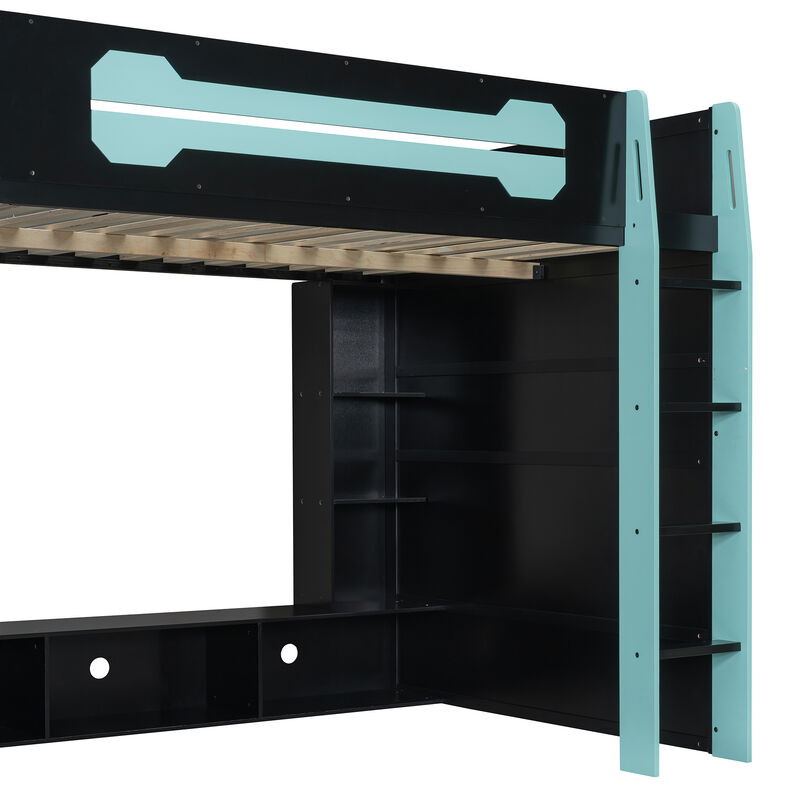 Merax Full Size Wood Loft Bed with Desk, Multi-storage Shelves and RGB Light image number 6