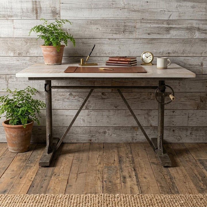 HomeRoots Adjustable Antiqued White Solid Wood and Iron Trestle Standing Desk