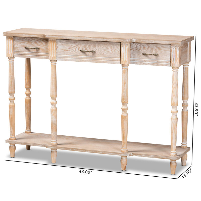 Baxton Studio Hallan Whitewashed Oak Brown Finished Wood 3 Drawer Console Table