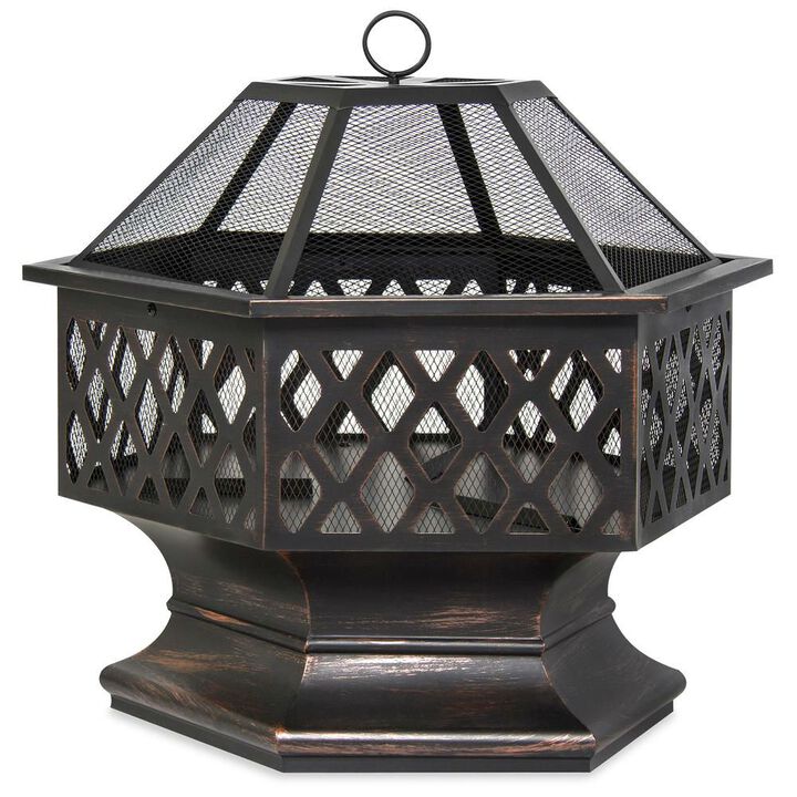 QuikFurn 24 Inch Steel Distressed Bronze Lattice Design Fire Pit With Cover