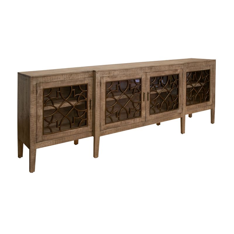 Medo 107 Inch Sideboard Console, Brown Pine Wood, 4 Doors, Metal Handles