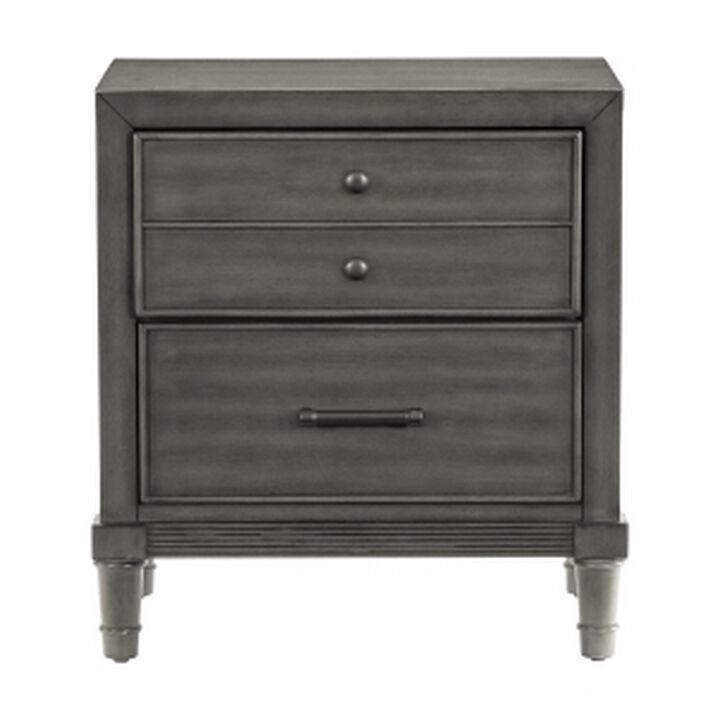Ceila 27 Inch Classic 2 Drawer Nightstand, Round Tapered Legs, Gray Finish - Benzara