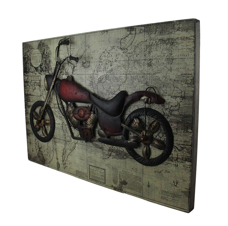 World of Adventure Vintage V-Twin Motorcycle Sculpture On Wood Map Wall Hanging