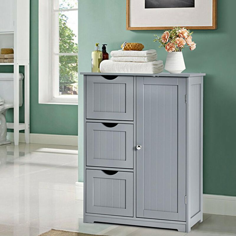 Hivvago Bathroom Floor Cabinet Side Storage Cabinet with 3 Drawers and 1 Cupboard