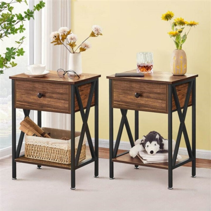 Set of 2 End Tables With 1 Drawer For Living Room And Bedroom