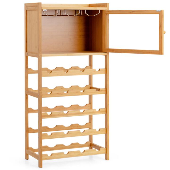 Hivvago 20-Bottle Freestanding Bamboo Wine Rack Cabinet with Display Shelf and Glass Hanger-Natural