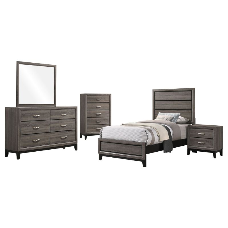Mela 5pc Twin Bed Set, Nightstand Dresser Chest and Mirror, Oak Gray