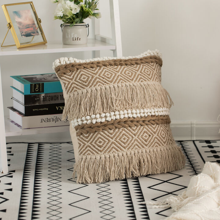 16" Handwoven Cotton Throw Pillow Cover with Embossed White Dots and Natural Fringed Pattern, Natural