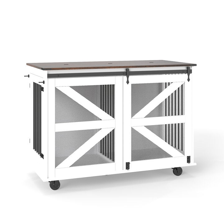 47.2" Mobile Dog Crate with Flip-Top Feeding Door, Dual-Access & 5 Caster System, Side Hooks