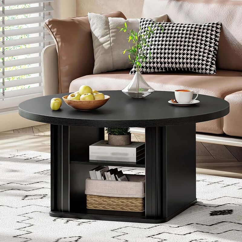 Modern Round Coffee Table with Sliding Door Storage for Living Room-Black image number 1
