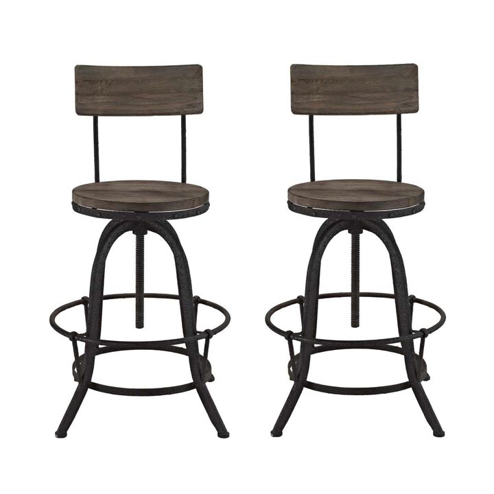 Modway Procure Rustic Farmhouse Pine Wood and Cast Iron Adjustable Height Two Bar Stools in Brown