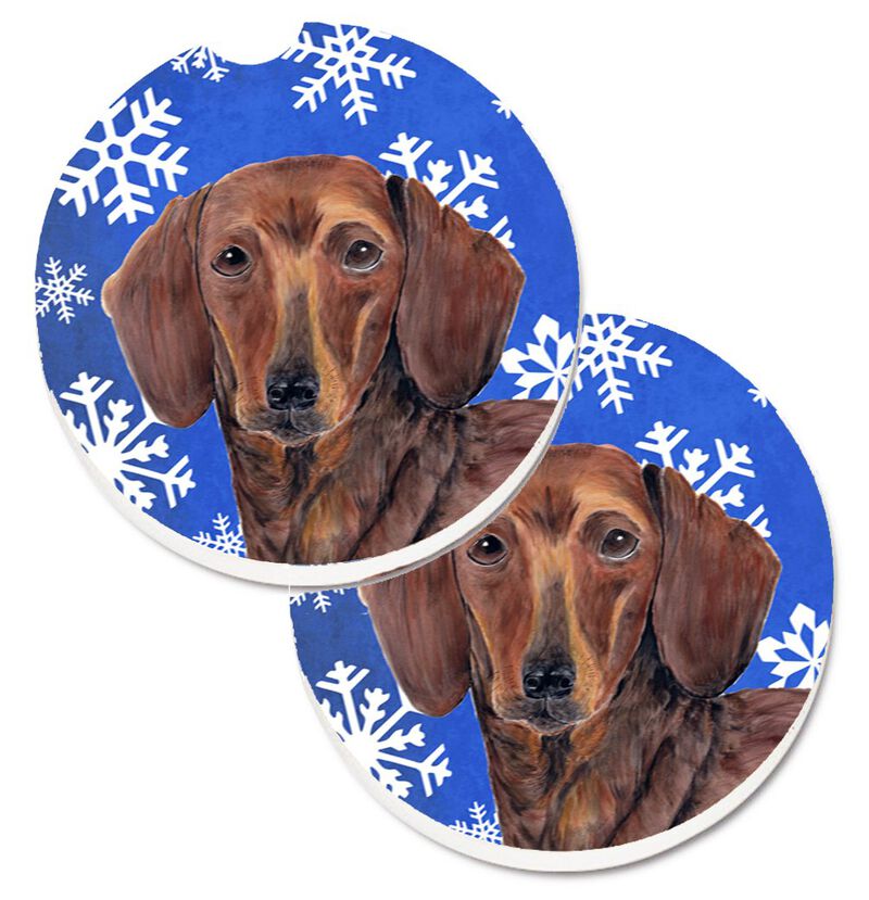 Caroline's Treasures Dachshund Winter Snowflakes Holiday Set of 2 Cup Holder Car Coasters SC9368CARC, 2.56, Multicolor image number 0