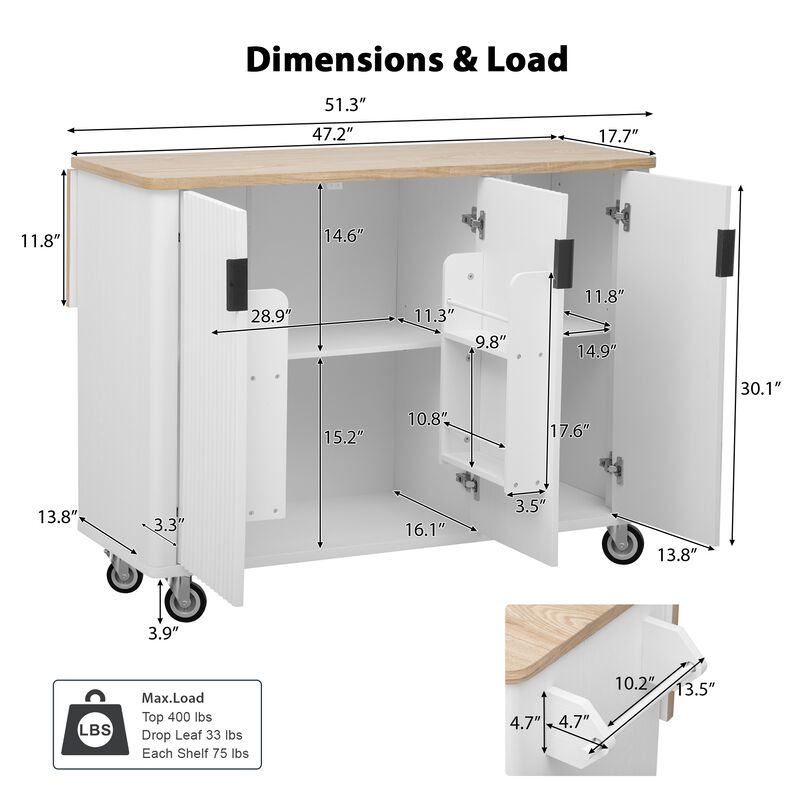 Whisen 51" Farmhouse Kitchen Island on Wheels with 3 Doors, MDF/Pine Wood for Kitchen image number 9