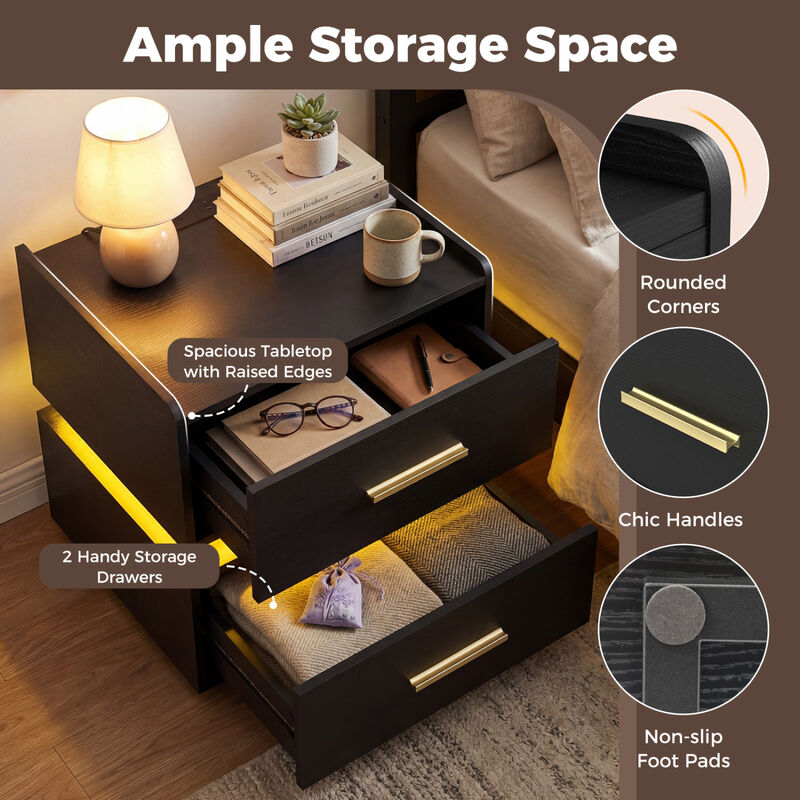 Modern Nightstand with LED Light, Charging Station and 2 Storage Drawers image number 3