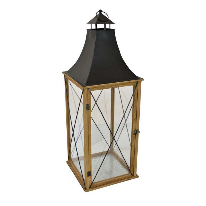 34 Inch Tabletop Decorative Lantern, Wood Frame, Glass Doors, Brown, Black - Benzara