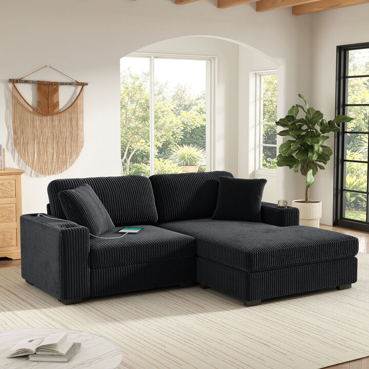 Merax Oversized Chaise Sectional with Corduroy Upholstery, Integrated Cup Holders & Charging Ports
