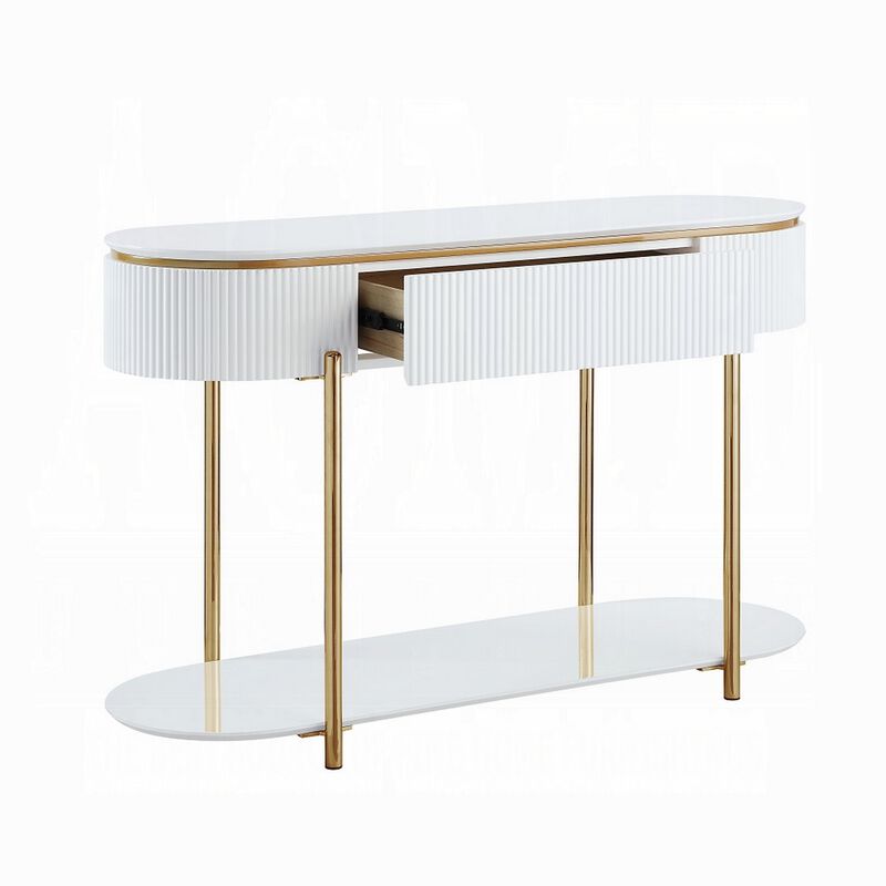 Tyce Sofa Table with Drawer, Shelf, 47 Inch Glossy White, Gold Metal