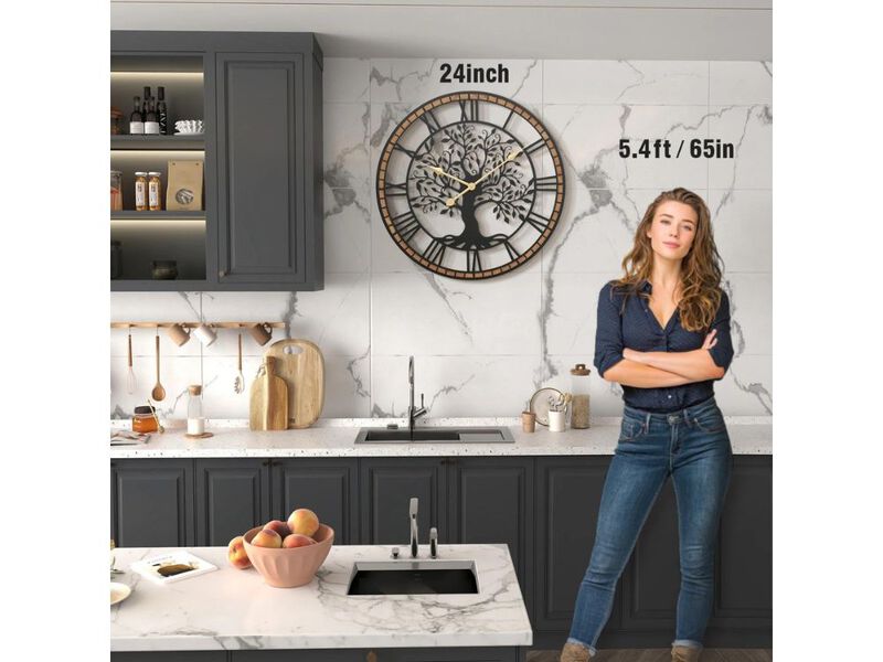 24" Farmhouse Wall Clock - Rustic Tree of Life Metal with Wood Frame for Living Room & Office Decor image number 2