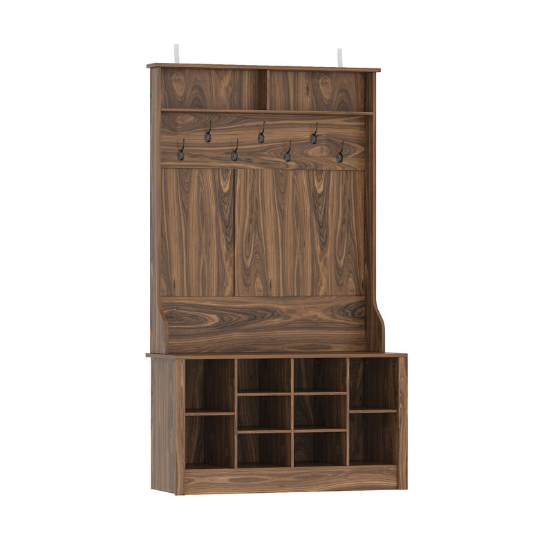 68.5 in. Black Wood 3-in-1 Hall Tree Coat Rack Storage Bench with 7-Metal Double Hooks and Shelves image number 0