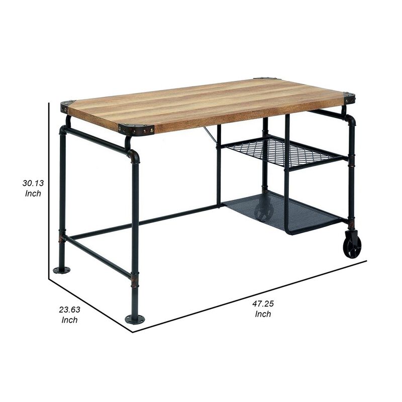 47 Inch Writing Desk, Industrial Caster Wheel, Black Metal, Brown Wood - Benzara